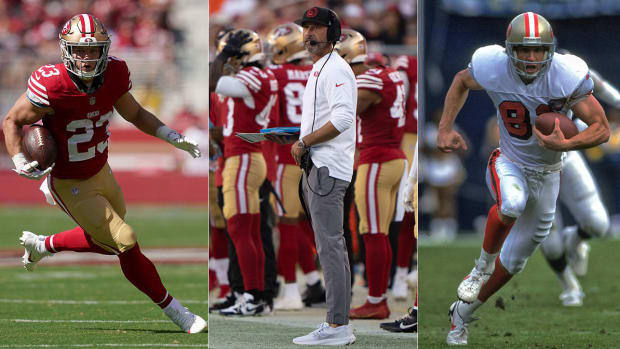 Separate photos of Christian McCaffrey, Kyle Shanahan and Ed McCaffrey, all on the 49ers.